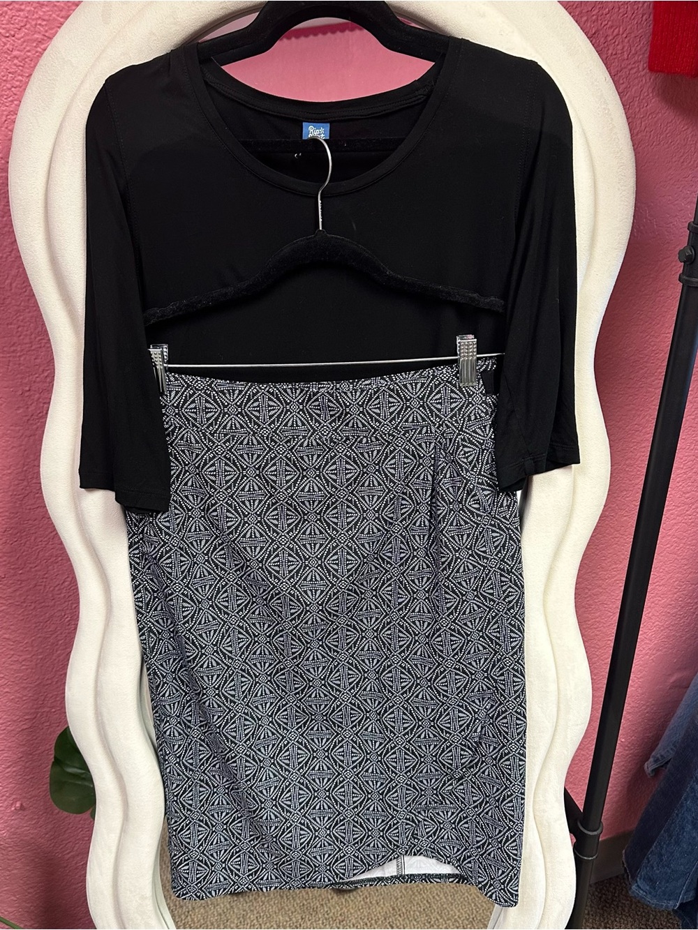 Rip Skirt Black & White Geometric wrap skirt and black shirt